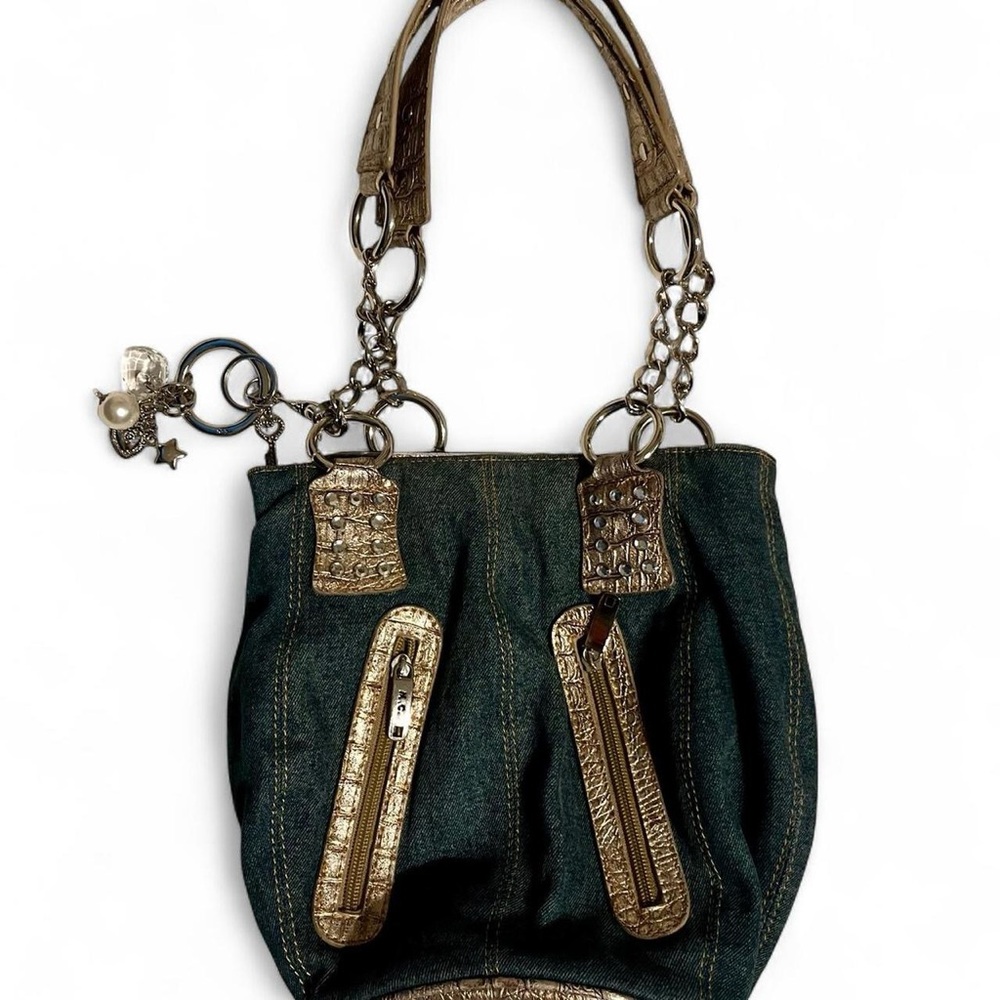 Y2K Denim & Faux Croc Shoulder Bag with Charms